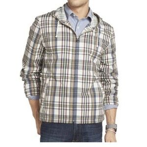 Izod Lightweight Hoodie Windbreaker Jacket Gray and White Plaid Size XL
